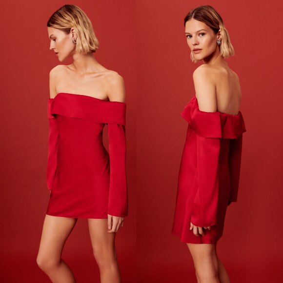 NWT Reformation Maves Bridesmaid Satin Mini Dress Sz Large Cherry Off-Shoulder - Picture 1 of 9